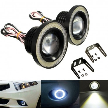 2PCS 20W 3.5 Inch LED Projector Car Fog Lights White with COB Angel Eyes Halo Rings Bulb White