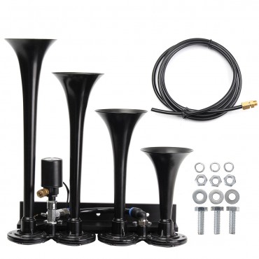 12V Loud 149dB Four Trumpet Train Air Horn Metal Black For Car Truck Boat