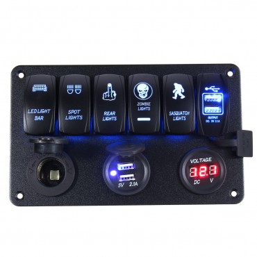 12-24V 6 Gang LED Rocker Switch Panel USB Charger Voltmeter Circuit Breaker For Motorcycle Car Boat