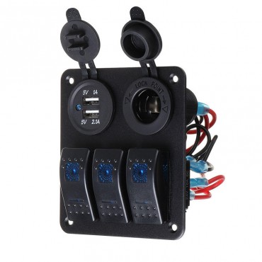 12V-24V 2.1A+1A 3 Gang Rocker Switch Panel ON OFF Socket Dual USB For Car Marine Boat RV