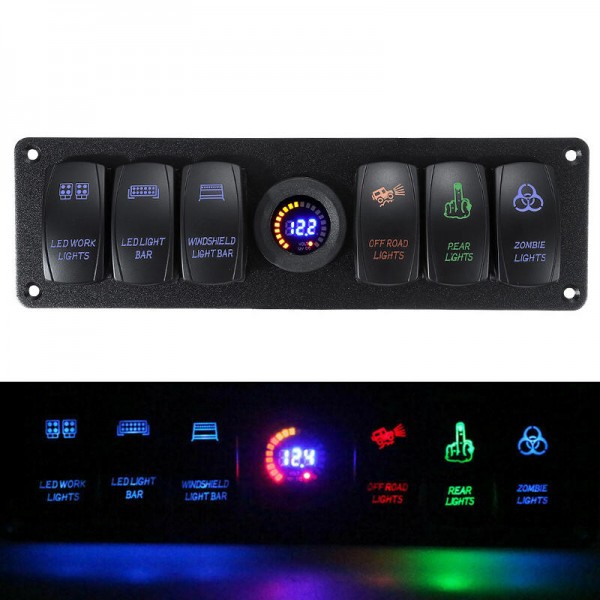 12V-24V 6 Gang LED Digital Voltmeter Marine Ignition Toggle Rocker Switch Panel