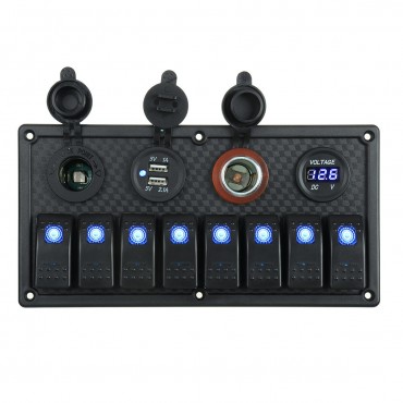 12V 24V 8 Gang Blue LED Rocker Switch Panel Car Marine Boat Dual USB Waterproof