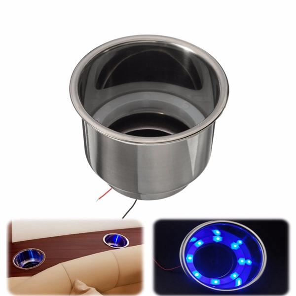 2PCS Blue 8 LED Stainless Steel Cup Drink Holder Marine Boat Car Truck Camper