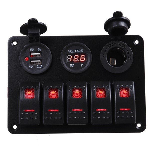 5 Gang Dual USB 12V On-Off LED Switch Panel Voltmeter Car Boat Marine RV Truck ON-OFF
