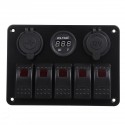 5 Gang Dual USB 12V On-Off LED Switch Panel Voltmeter Car Boat Marine RV Truck ON-OFF