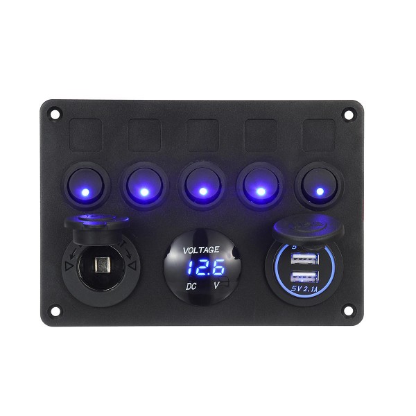 12/24V 5 Gang Blue LED Rocker Switch Panel Dual USB Car Boat Marine RV Truck ON-OFF