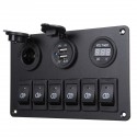 6 Gang Blue LED Rocker Switch Panel Car Marine Boat Circuit Dual USB Waterproof