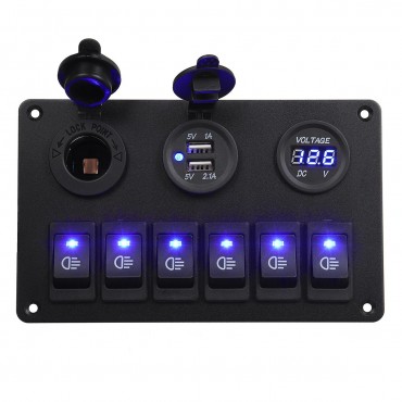 6 Gang Blue LED Rocker Switch Panel Car Marine Boat Circuit Dual USB Waterproof