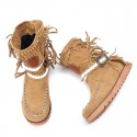 Women Tassel Fringe Middle Ankle Boots Fashion Buckle Motorcycle Flat Shoes