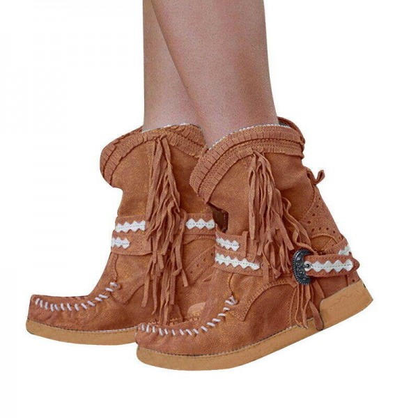 Women Tassel Fringe Middle Ankle Boots Fashion Buckle Motorcycle Flat Shoes