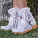 Women Tassel Fringe Middle Ankle Boots Fashion Buckle Motorcycle Flat Shoes