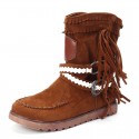 Women Tassel Fringe Middle Ankle Boots Fashion Buckle Motorcycle Flat Shoes