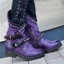 Women Vintage Rivet Motorcycle Ankle Boots Buckle Ladies Round Toe Horse-shoes Low-heeled