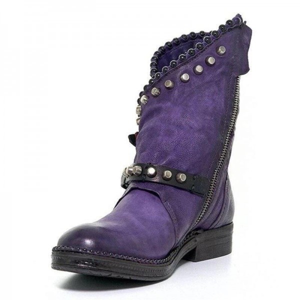 Women Vintage Rivet Motorcycle Ankle Boots Buckle Ladies Round Toe Horse-shoes Low-heeled