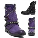 Women Vintage Rivet Motorcycle Ankle Boots Buckle Ladies Round Toe Horse-shoes Low-heeled