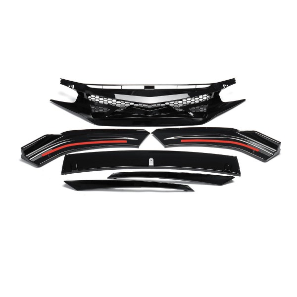 For Honda Civic 2016-18 6Pcs Front Hood Mesh Grill Grille Bumper Trims Eyebrow