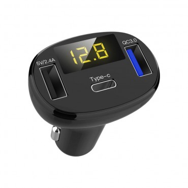 C02 Black Car Charger Digital Display QC3.0 Fast Charge Type-c