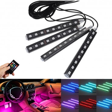 4PCS RGB LED Car Floor Decoration Lights Strips Sound Active Atmosphere Lamp Kit Car Lighter Type with Remote IR Control