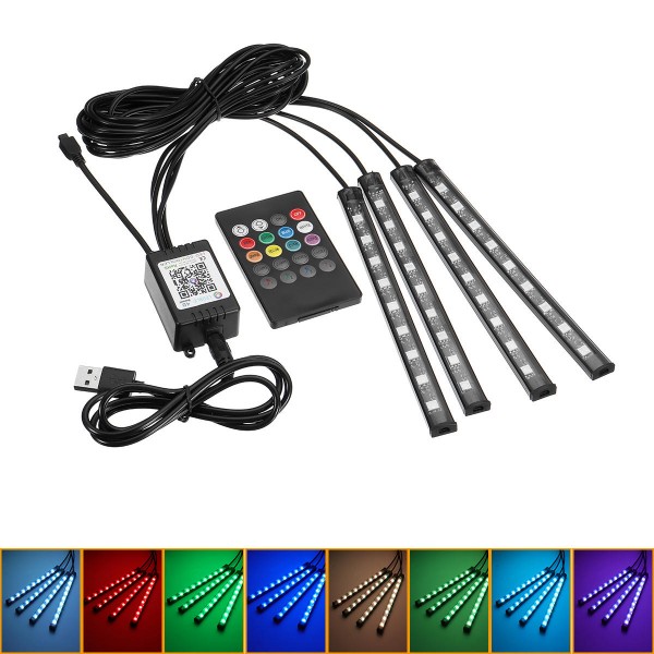 4Pcs 9LED RGB Car Floor Strip Lights Interior Atmosphere USB Charger Decor Lamp