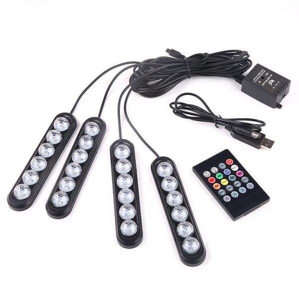 4Pcs Car Interior Colorful 24LED Atmosphere Ambient Starry Lamps Car Foot Emergency Lights USB Voice Remote Control 12V