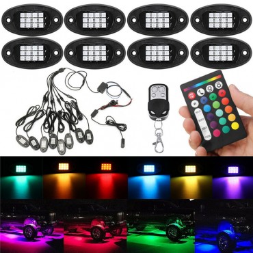 8PCS RGB LED Rock Light Wireless Bluetooth Music Offroad Multi-color Dual Remote