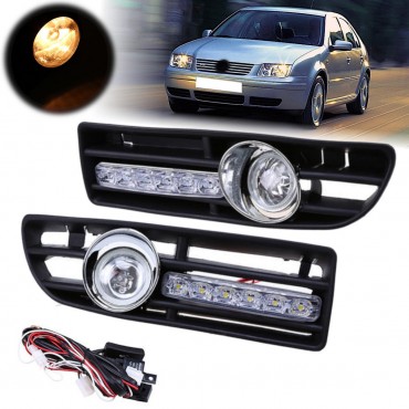 Pair Front Lower Bumper Fog Light Cover Grille w/LED DRL for VW Bora Jetta MK4 1999-2007