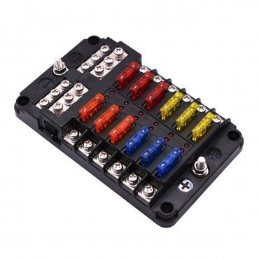 12V-32V Fuse Box Holder 12 Ways Blade With LED Indicator Light for Auto Car Boat Marine Trike