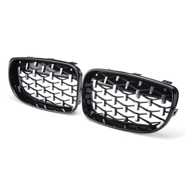 1 Pair Chrome Glossy Black Front Kidney Grilles Diamond Style For BMW 1 Series E81 E82 E87 E88 2008-2011