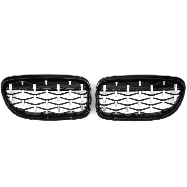 1 Pair Front Kidney Grille Chrome + Gloss Black Diamond Meteor Style For BMW E90 2009-2012