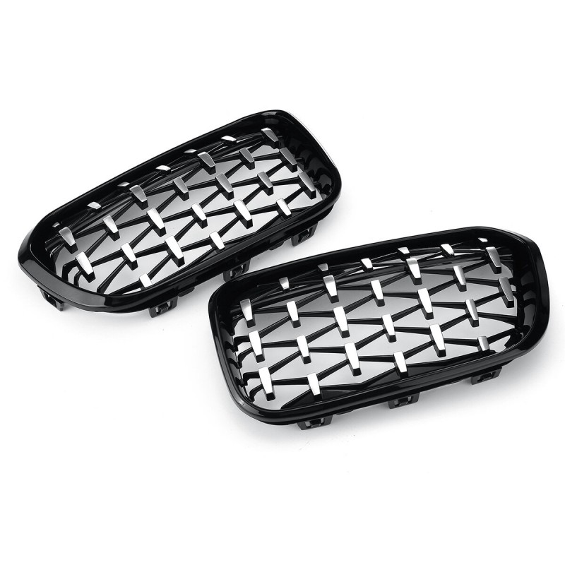 1 Pair Glossy Black Chrome Front Kidney Grille Diamond Style For BMW F20 F21 1 Series 2015-2017