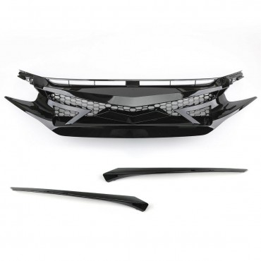 Battle Style Out Front Hood Grille For 16-19 Civic 10TH GEN GLOSS BLK JDM