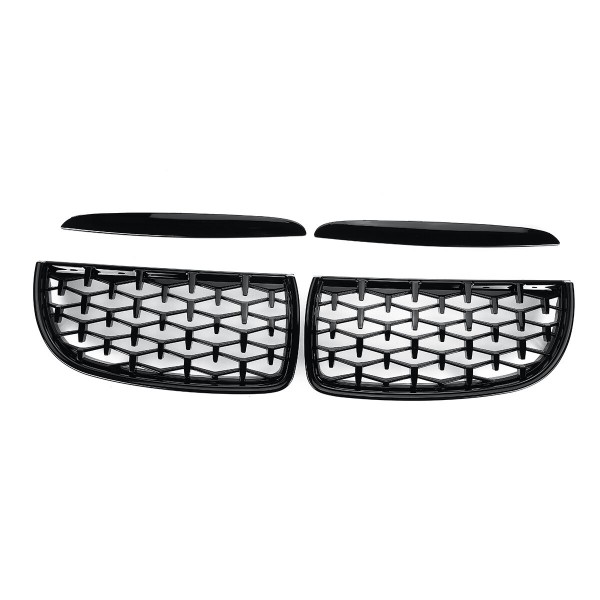 Pair Glossy Black Front Kidney Grilles Upper Hood Eyelids Diamond Style For BMW 3-Series E90 E91 2005-2008