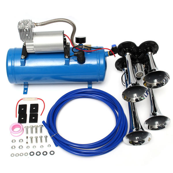 12V/24V 120 PSI 4 Air Train Chrome Horn Trumpet Vehicle Blue Compressor Tubing