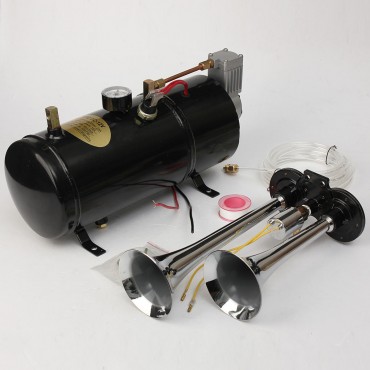 Air Horn Kit Two-Trumpet w/110 PSI 12-Volt Compressor Tank&Gauge