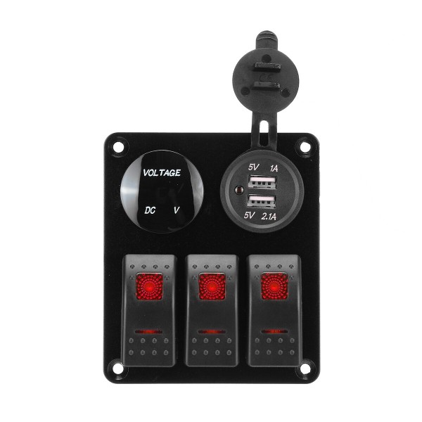 12V 3 Gang Dual USB ON OFF Toggle Switch Panel Socket LED Car Marine Boat Rocker