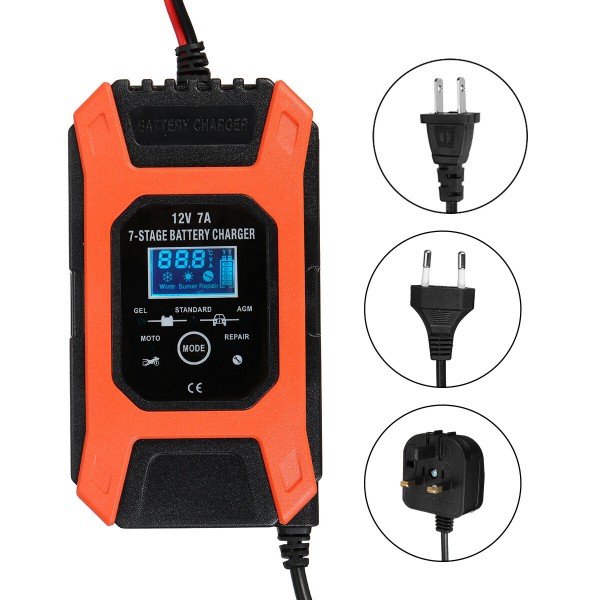 12V 7A 7-stage LCD Pulse Repair Battery Charger For Car Motorcycle AGM Gel Wet Lead Acid
