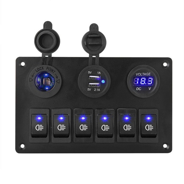 6 Gang 12V Switch Panel USB Charger ON-OFF Toggle Rocker For Car Boat Marine