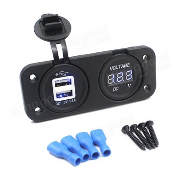 Motorcycle Auto Dual Usb Charger Adapter LED Indicator Volt Meterr