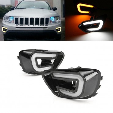 White+Yellow LED Daytime Running Lights DRL Turn Signal Lamps Pair For Jeep Compass 2011-2016