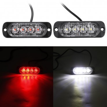 12W 4 LED Flash Strobe Warning Light Emergency Lamp Red/White 12/24V For Car Truck Motorcycle