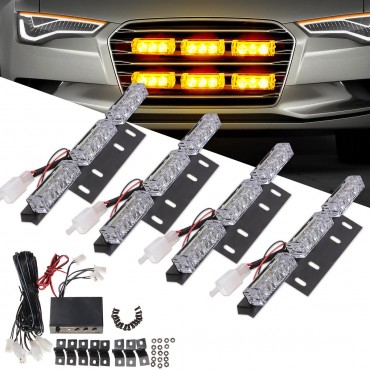 LED Car Grille Strobe Light Mini Police Emergency Warning Signal Flash Lamp 18W 12V Amber 4PCS