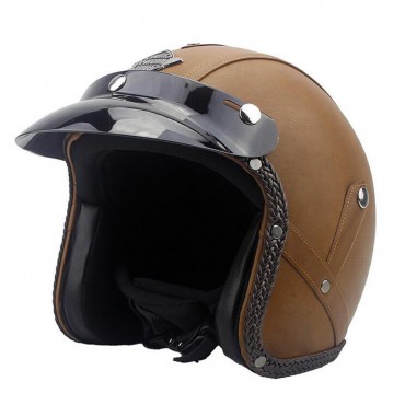 DOT 3/4 Face Vintage Leather Motorcycle Helmet Motorbike Scooter Crash Visor M L XL