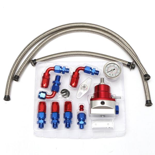 Universal Adjustable Fuel Lines Hose Fuel Pressure Regulator Oil Filled Gauge Fitting Kits Car