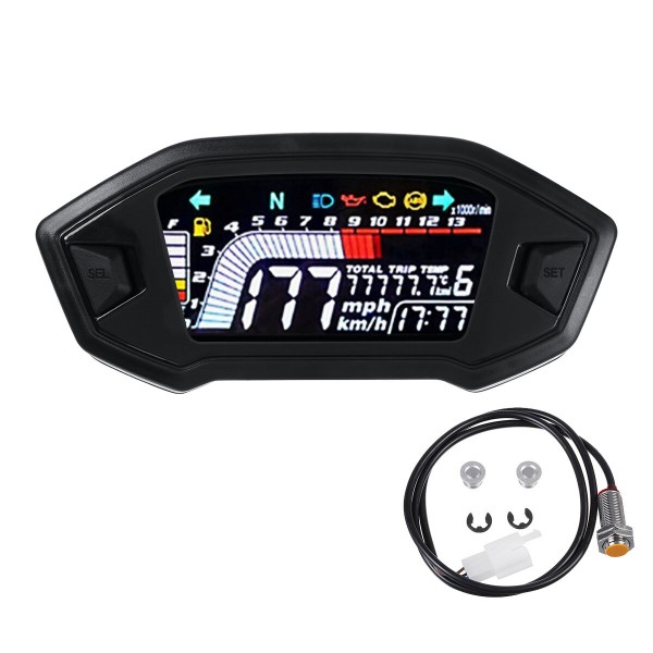 12V 13000RPM Digital LCD Display Speedometer Odometer with Sensor Wiring Kits Universal For 2/4 Cylinder Motorcycle