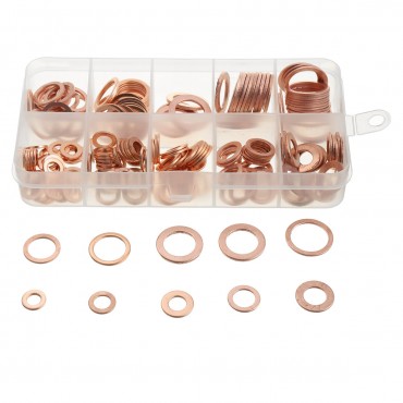 200pcs M5-M14 Copper Washer Gasket Set Flat Ring Seal Assortment Kit With Box