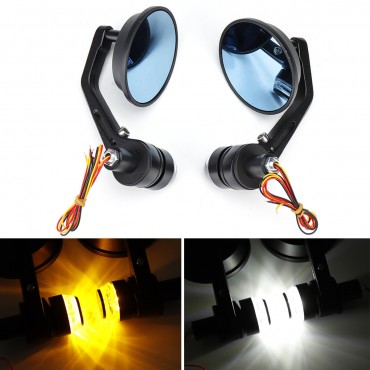 2Pcs 7/8inch Handbar Motorcycle Side Rearview Mirrors Bar End Turn Signals Light