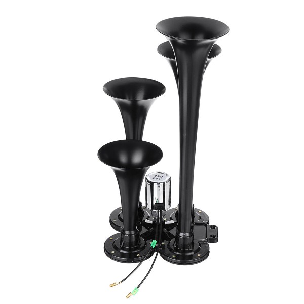 12V 24V 150db 4 Trumpet Air Horn Kit Super Loud for Car Truck Motocycle Train Boat SUV Black