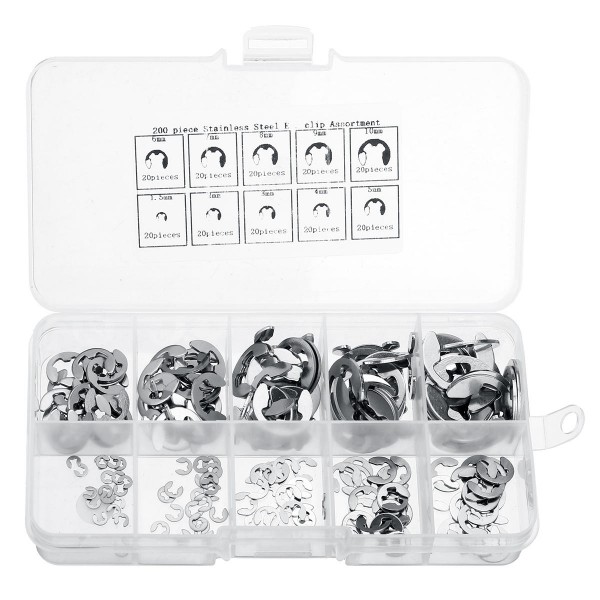 200Pc E-Clip Retaining Snap Ring E-type Circlip Assortment Kit 1.5-10mm Stainless Steel