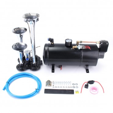 Truck Train 4 Trumpet Chrome Air Horn Kit W/ 150 PSI 12V 3 Liter Air Compressor