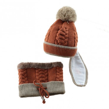 Kids Childen Girls Boys Knitted Beanie Scarf Mask Set Warm Winter Fleece Winter Ski Hat Pompom